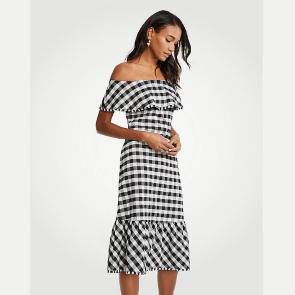 Ann Taylor Black and White Gingham Midi Dress